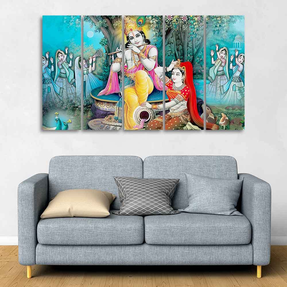 VIBECRAFTS Hindu Radha Krishna Wall Painting Set of Five Pieces For Home|Office|Living Room|Gift (PTVC5Pcs4_8677)