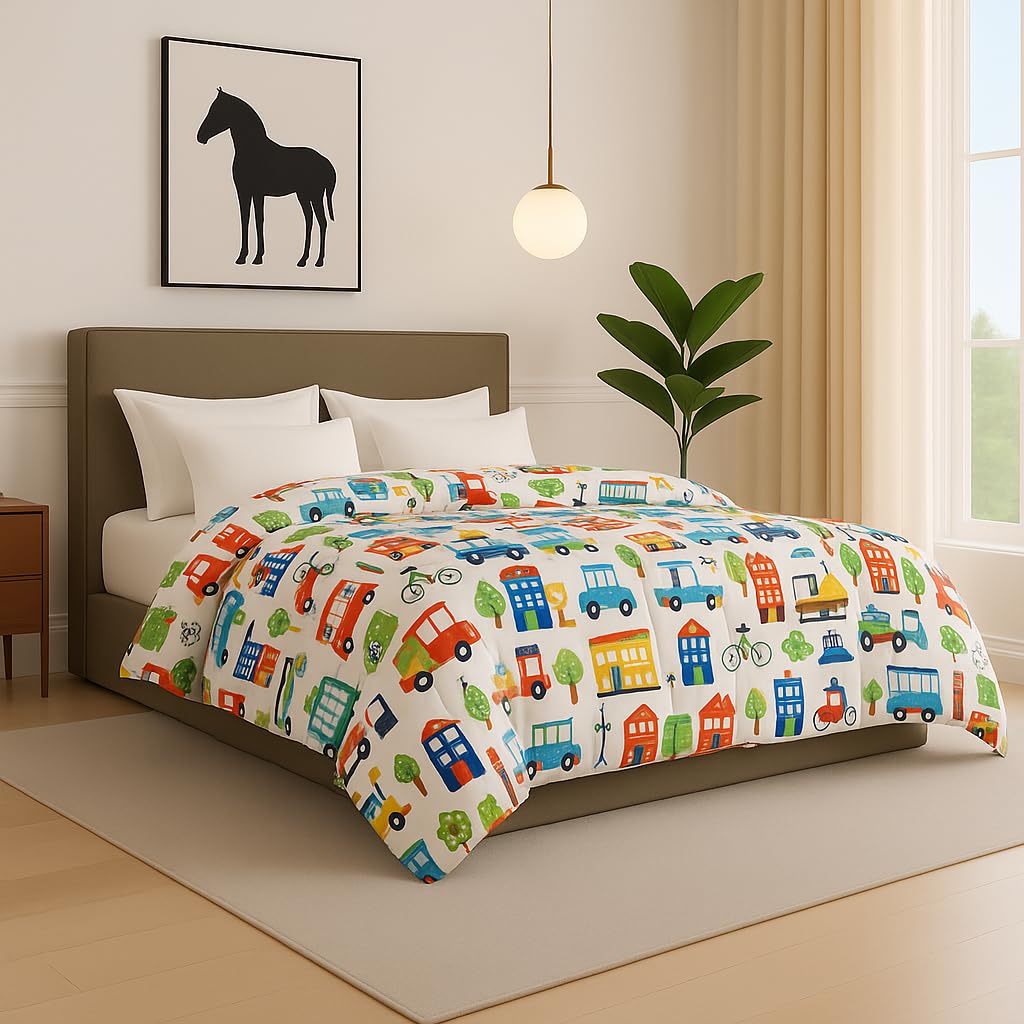 linenaffairs Bed Comforter - Single Size - City Trafic - 300 GSM Quilt Blanket Rajai – Winter Warm Down Alternative Duvet Insert with Corner Ties Kafalo