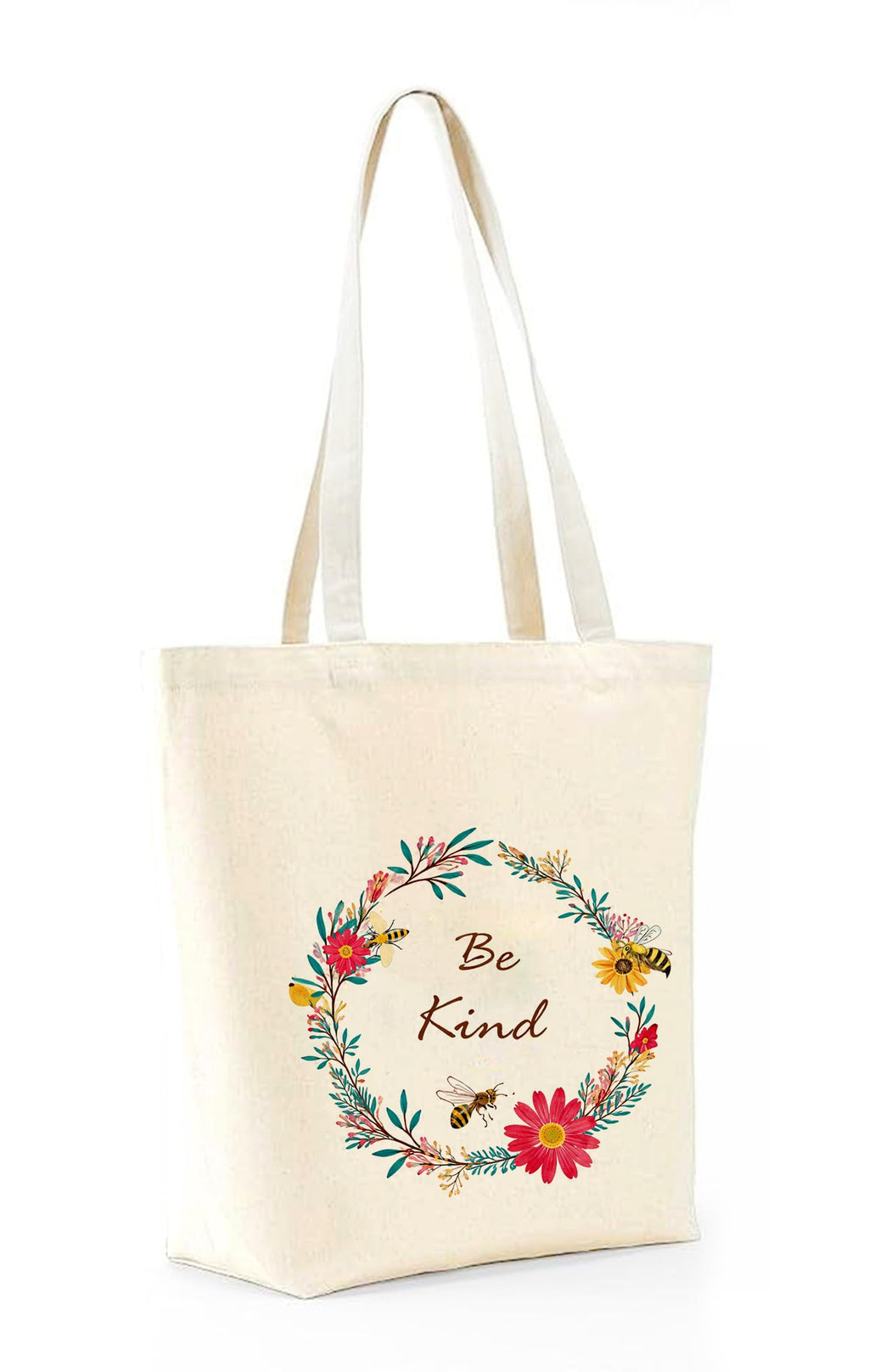 Heu Floral Wreath Canvas Tote Bag with “Be Kind” Print | Eco-Friendly Reusable Cotton Shoulder Bag | Stylish Inspirational Shopping Tote for Women
