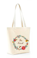 Heu Floral Wreath Canvas Tote Bag with “Be Kind” Print | Eco-Friendly Reusable Cotton Shoulder Bag | Stylish Inspirational Shopping Tote for Women