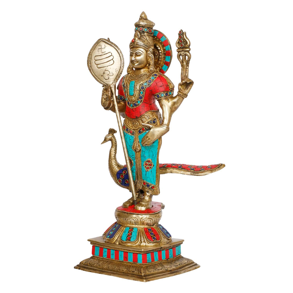 ARTVARKO Lord Murugan Kartikeya Murugana Kumaraswamy Karthikeya Multicolor Big Brass Standing Idol with Peacock Swaminatha Skanda Murti Swami Ji Subrahmanya Swamy Height 18 Inch