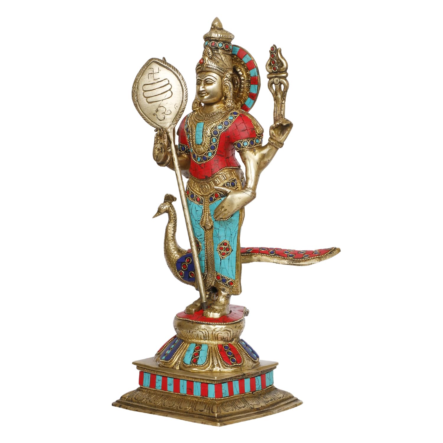 ARTVARKO Lord Murugan Kartikeya Murugana Kumaraswamy Karthikeya Multicolor Big Brass Standing Idol with Peacock Swaminatha Skanda Murti Swami Ji Subrahmanya Swamy Height 18 Inch