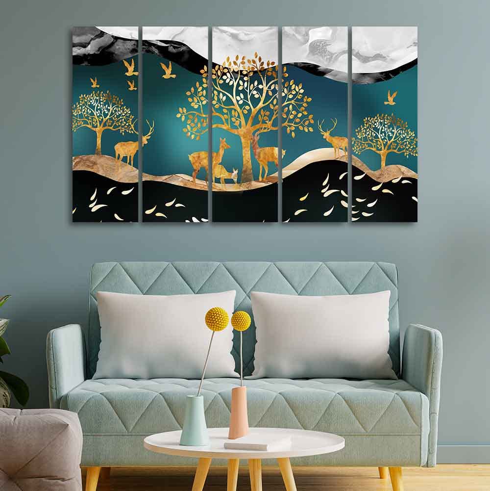 VIBECRAFTS Trees and Deer Canvas Wall Painting Set of Five For Home|Office|Living Room|Gift (PTVC5Pcs4_8593)