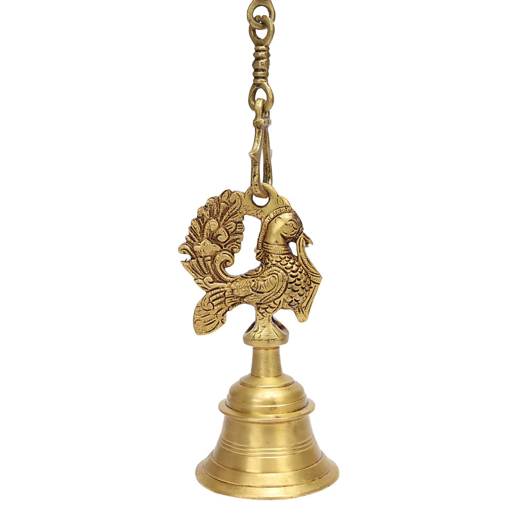 ARTVARKO Pure Brass Peacock Design Hanging Bell with Chain for Home Décor,Temple & Pooja Mandir (3.5x7 Inches with Chain 24 Inch)