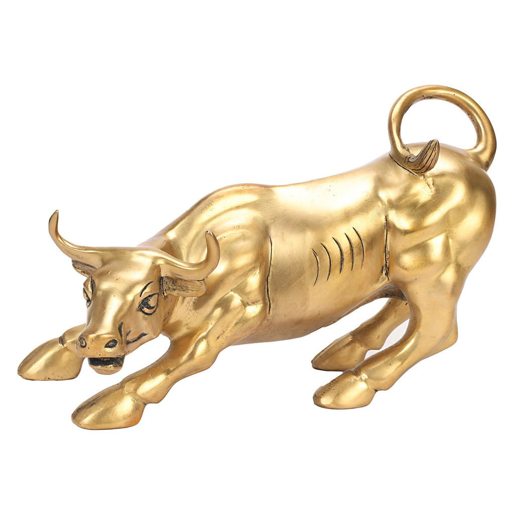 SVARUP Brass Stock Market Wall Street Charging Bull Ox Statue Sculpture Showpiece for Home Office Desk Home Decoration (11 Inch Length)
