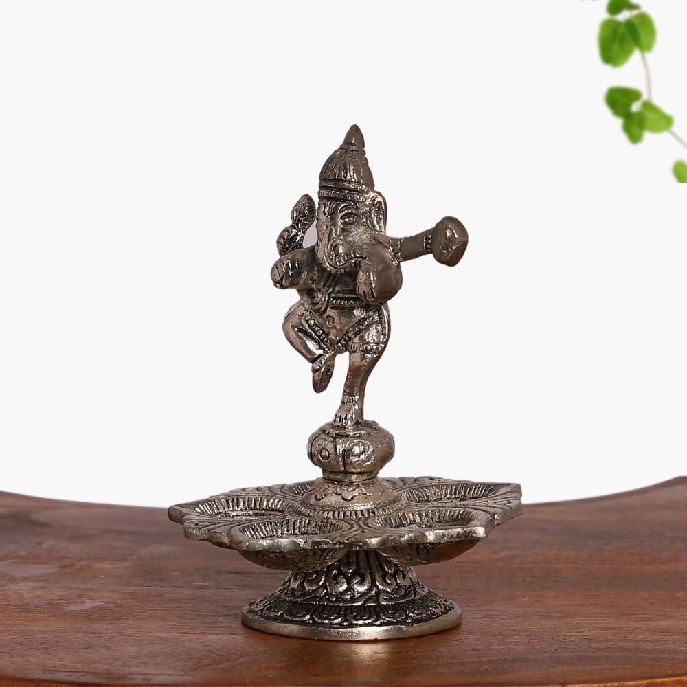 INTERNATIONAL GIFT Silver Plated Dancing Lord Ganesha Idol with Diya – Showpiece for Mandir, Pooja & Home Décor