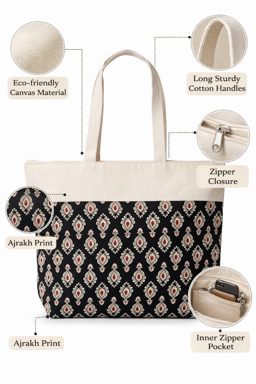 Artizanvilla Ajrakh Print Canvas Tote Bag for Women | Eco-Friendly Reusable Shoulder Bag | Ethnic Printed Cotton Canvas Shopping Tote | Large Capacity Handbag for Office, College & Travel