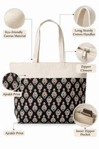 Artizanvilla Ajrakh Print Canvas Tote Bag for Women | Eco-Friendly Reusable Shoulder Bag | Ethnic Printed Cotton Canvas Shopping Tote | Large Capacity Handbag for Office, College & Travel