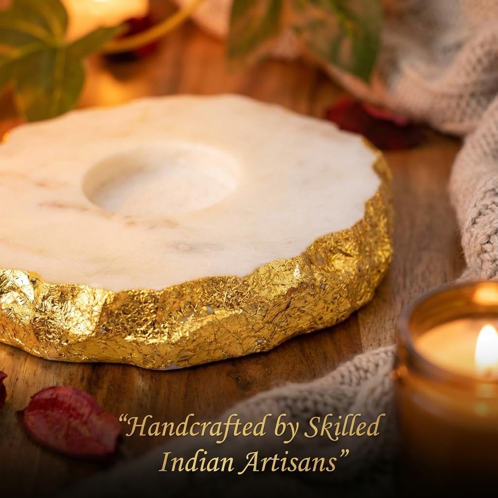 House OF Wemy Golden foil Marble Tea Light Holder/Luxury Candle Holder for Home Decor and Candle Light Dinner/Handcrafted by Indian Artisans/Festive Gifting - Pack of 1