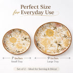 Dreams n Decor Floral Round Wooden Tray Set of 2 | MDF Serving Tray with Gold Enamel Finish | Decorative Tray for Home, Coffee Table & Gifting | 7 & 9 Inch | Kitchen & Dining
