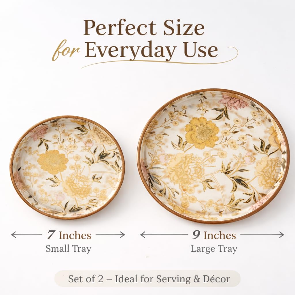 Dreams n Decor Floral Round Wooden Tray Set of 2 | MDF Serving Tray with Gold Enamel Finish | Decorative Tray for Home, Coffee Table & Gifting | 7 & 9 Inch | Kitchen & Dining