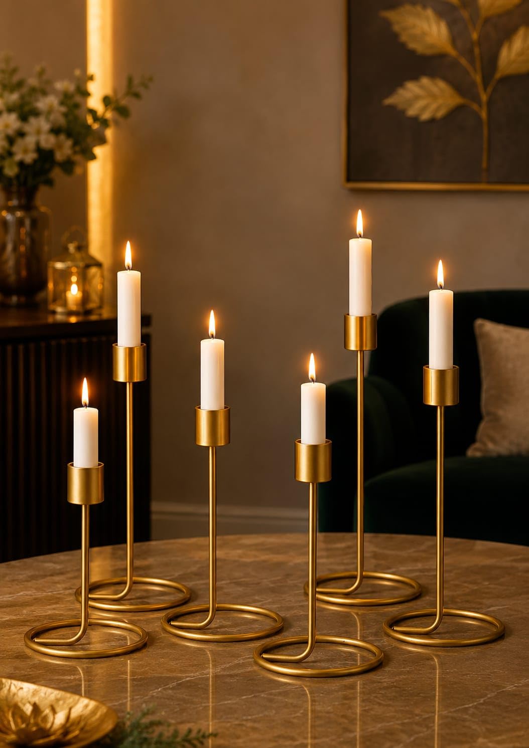 (Set of 6) Gold Metal Taper Candle Holder – Decorative Modern T-Light Stand for Home Decor, Table Centerpiece, Wedding & Festival Decoration, Elegant Golden Stick Holders