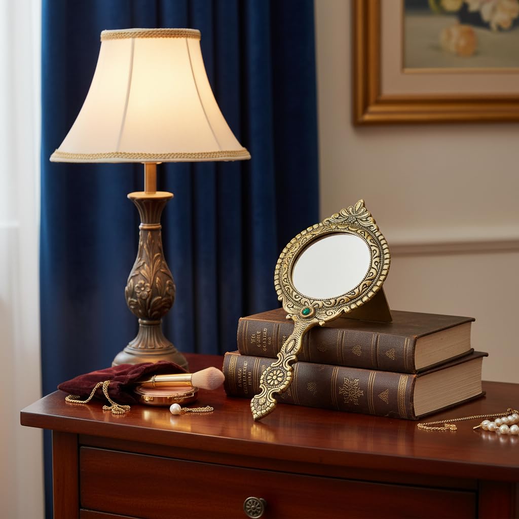 KridayKraft Beautifully Carved Round Shape Framed Gold Plating Metal Hand Mirror For Makeup, Travelling, Salon Mirror & Decorative Mirror Antique Item For Wedding Gifts.