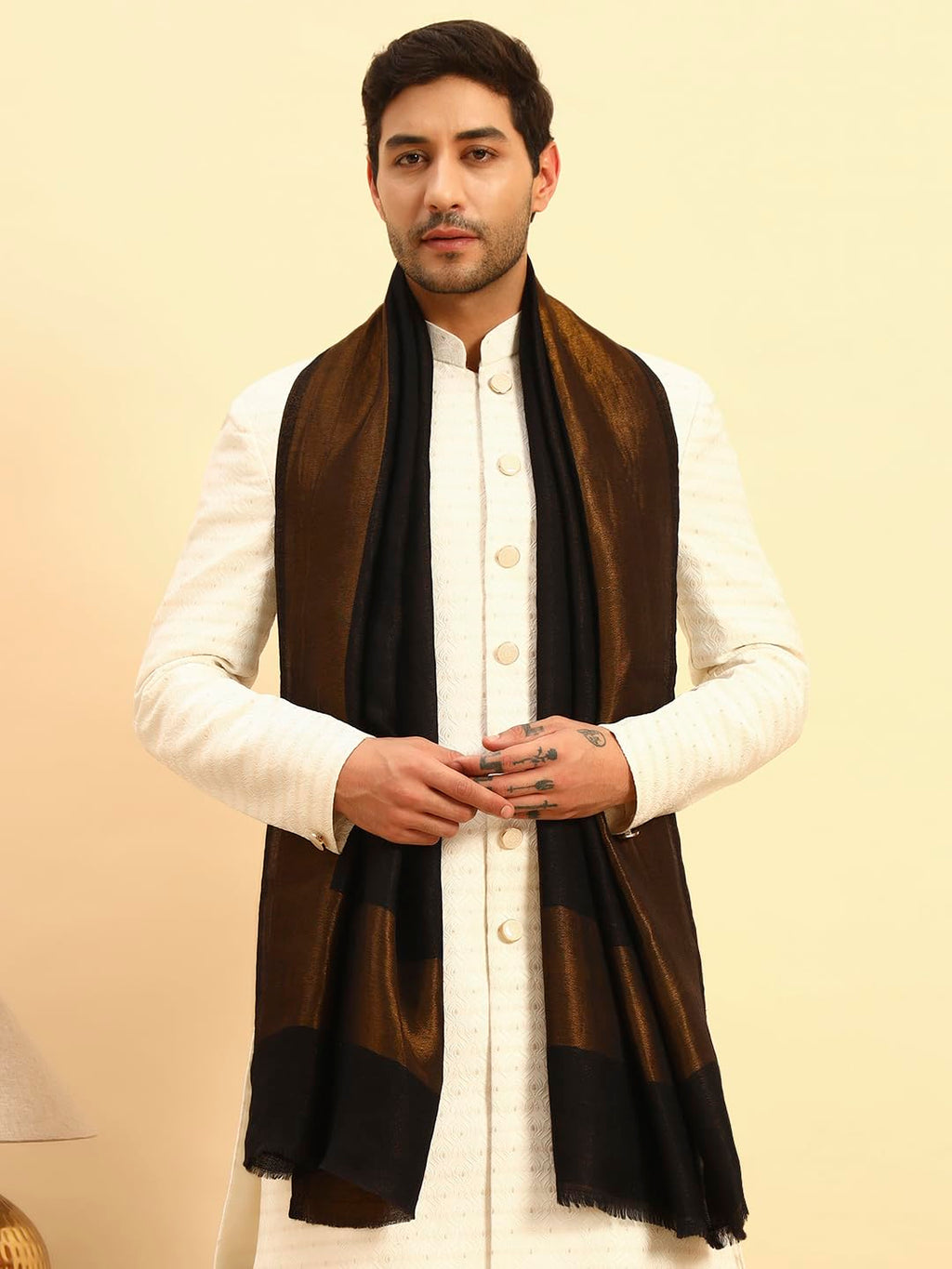 Pashmoda Men Midnight Bronze Reversible Zari Moonlight Fine Wool Stole (Size-28x80in, 71x203cm) MZSST04