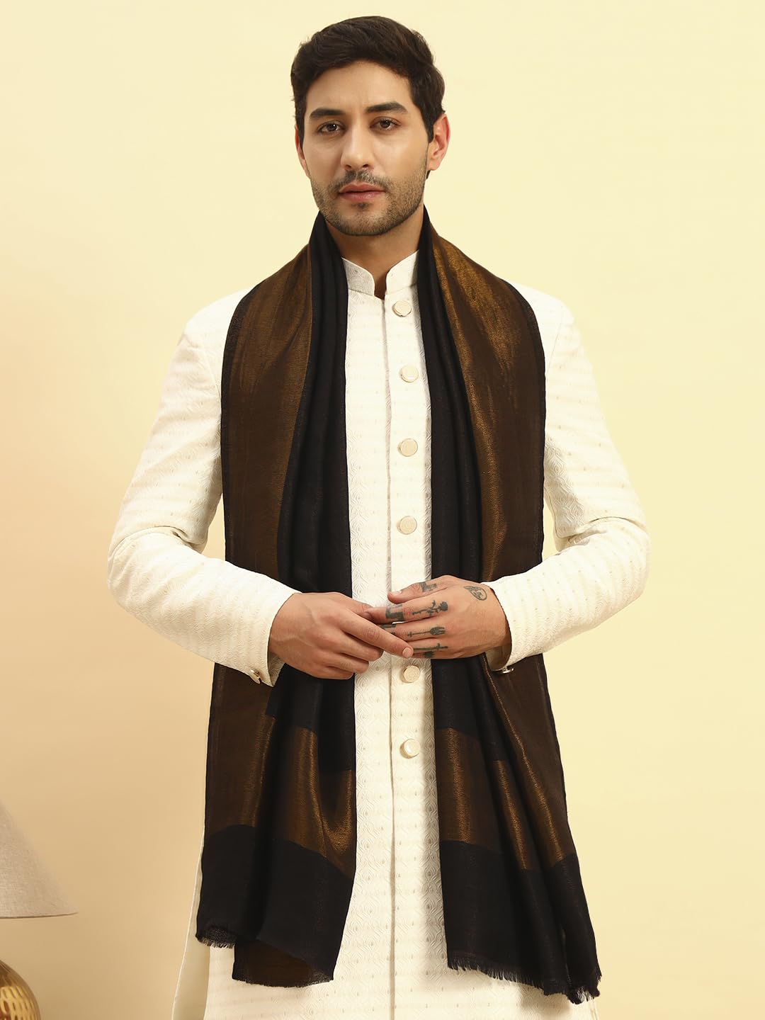 Pashmoda Men Midnight Bronze Reversible Zari Moonlight Fine Wool Stole (Size-28x80in, 71x203cm) MZSST04