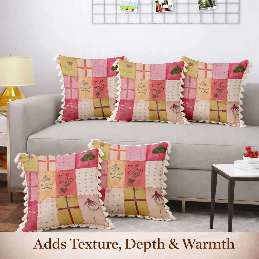 STITCHNEST 'Little Meadow Series' Tassled Cushion Cover | Set of 5 | Floral Cushion Cover 16 inch x 16 inch