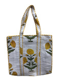 QRUBIS Quilted Cotton Tote Bag, Jungle Flower Safari Tropical Print, Large, Double Handle, 18x6x18 Inches, Unisex, White-yellow Flower, Large