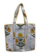 QRUBIS Quilted Cotton Tote Bag, Jungle Flower Safari Tropical Print, Large, Double Handle, 18x6x18 Inches, Unisex, White-yellow Flower, Large