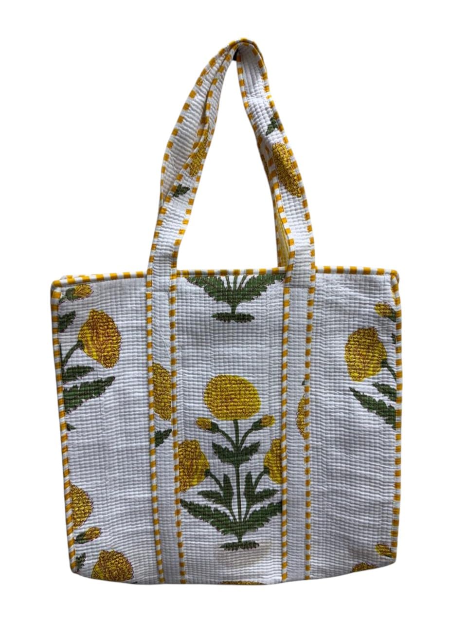 QRUBIS Quilted Cotton Tote Bag, Jungle Flower Safari Tropical Print, Large, Double Handle, 18x6x18 Inches, Unisex, White-yellow Flower, Large