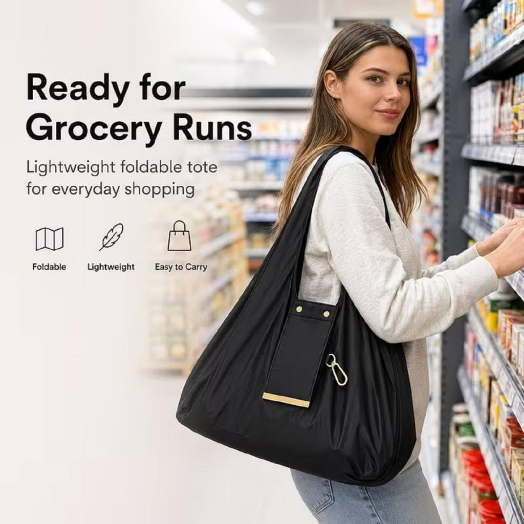 Denfy Foldable Tote Bag | Women Lightweight, Compact & Durable Handbag | Eco-Friendly Convertible Travel Tote with Detachable Golden Metal Keychain Loop & Vegan Leather Cover