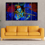 VIBECRAFTS Shree Krishna 5 Pieces Playing Flute Canvas Wall Painting For Home | Office | Living Room | Gift (PTVC5Pcs4_8508)