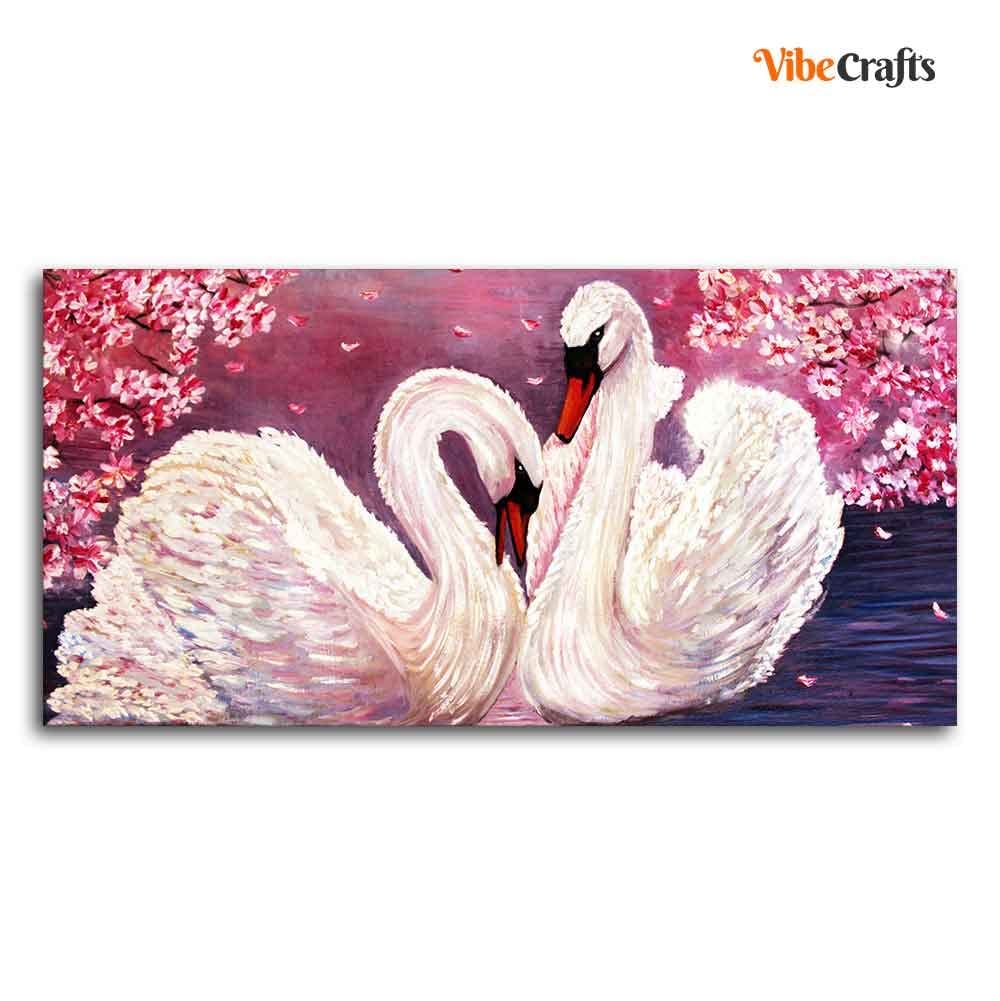 VIBECRAFTS Canvas Paintings for Living Room Drawing Room Romantic Couple of Swans Canvas Wall Painting Fitted with Wooden Frame for Home|Office|Gift(PTVCH_2269N)(48 x 24 Inches)