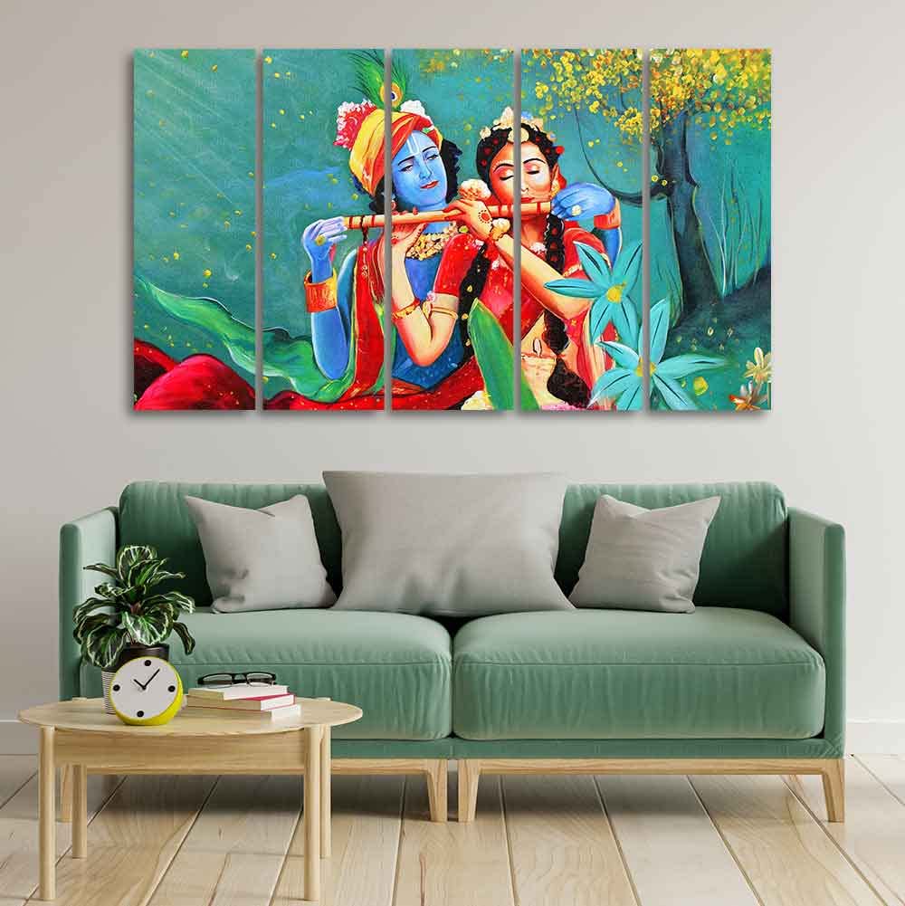 VIBECRAFTS Abstract Art Radha Krishna Wall Painting of Five Pieces For Home|Office|Living Room|Gift (PTVC5Pcs4_8705)