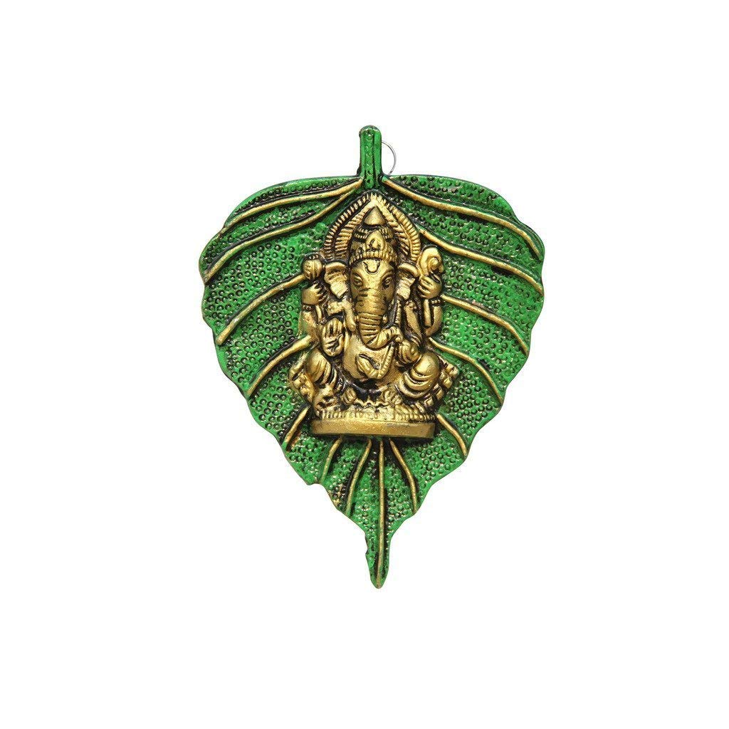 KridayKraft Ganesha Placed on Leaf Aluminium Metal Handicrafts Wall Hanging Multi Color