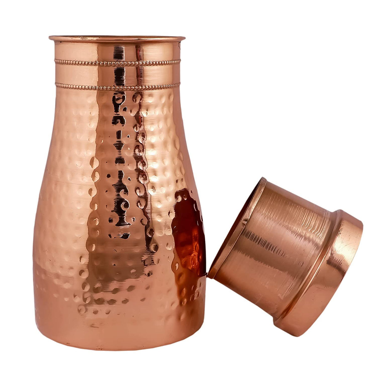 KC Pure Copper Designer Copper Water Bottle | Pitchers | Water Jug | Bedroom Jar | Bedside Bottle Carafes with Tumbler/Glass with Lid 1250 ML (Hammered)