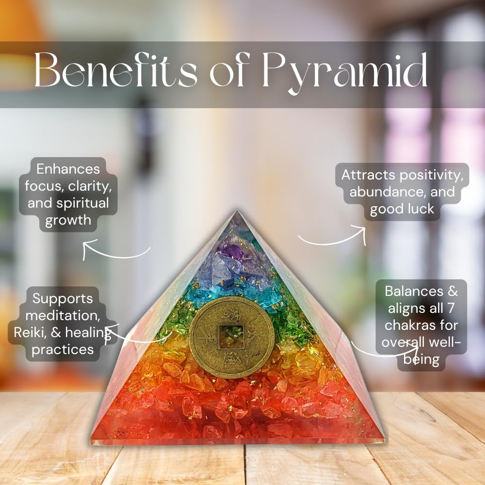 CALMINDS 7 Chakra Crystal Pyramid for Positive Energy, Natural Healing Crystal Pyramid with Feng Shui Coin, Reiki Charged Vastu Decor for Home Office Meditation Yoga Gift