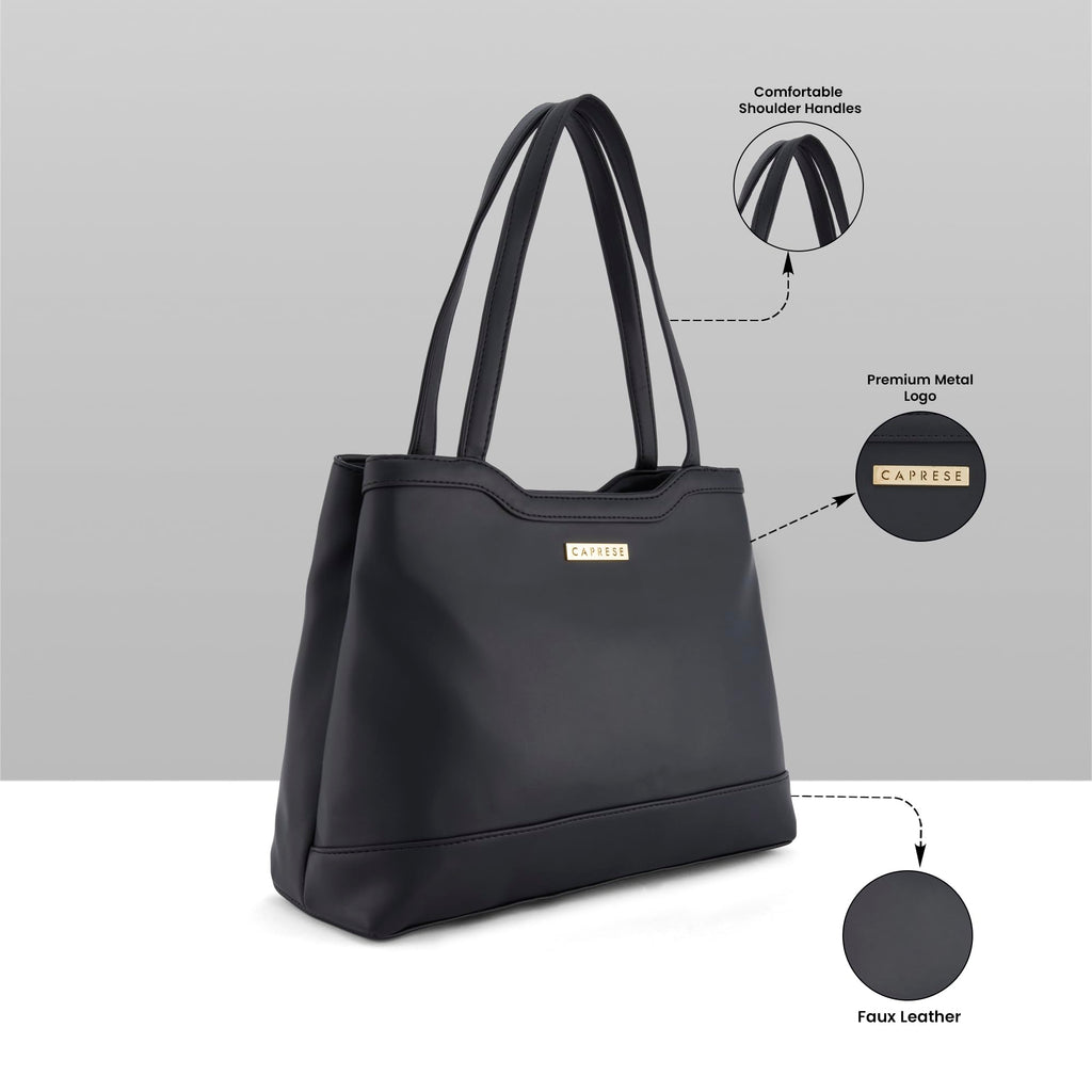 Caprese Kai Tote Large Shoulder Bag for Women | Solid Pattern | Faux Leather | Zipper Closure | Spacious Office & Travel Tote | Stylish Work Bag | Elegant Handbag for Daily Use (Black)