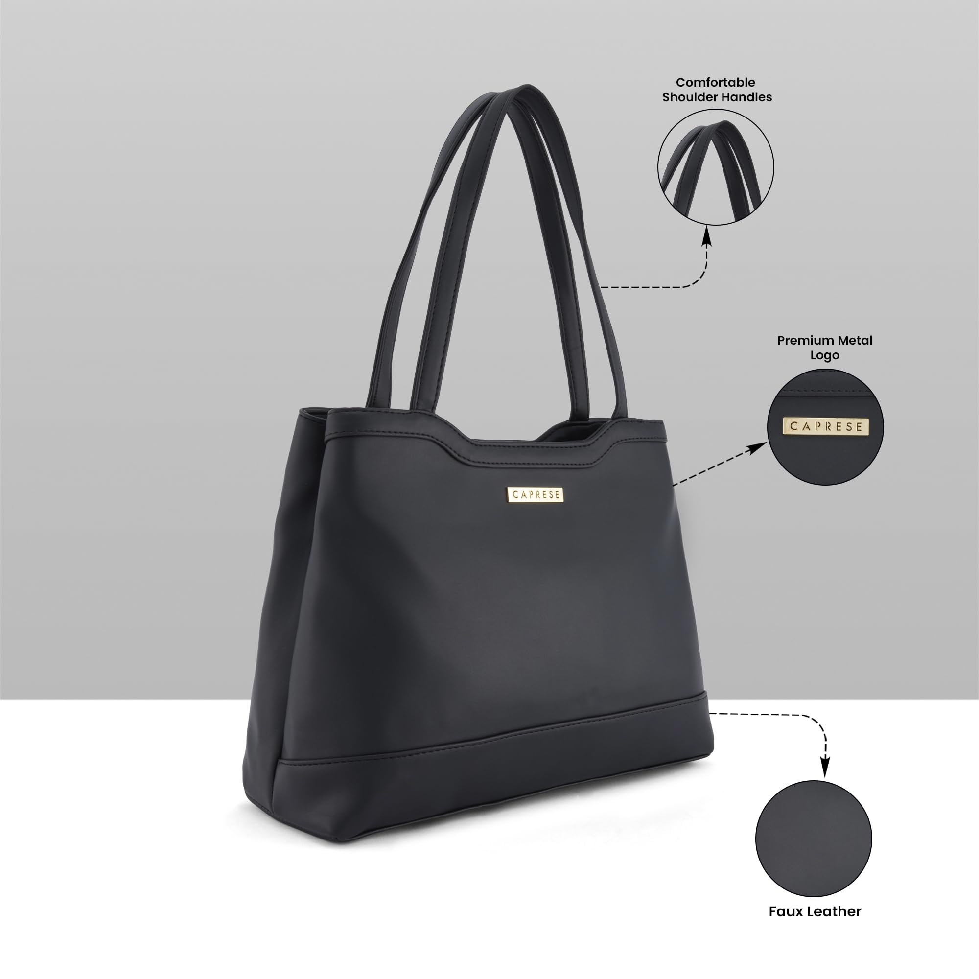 Caprese Kai Tote Large Shoulder Bag for Women | Solid Pattern | Faux Leather | Zipper Closure | Spacious Office & Travel Tote | Stylish Work Bag | Elegant Handbag for Daily Use (Black)