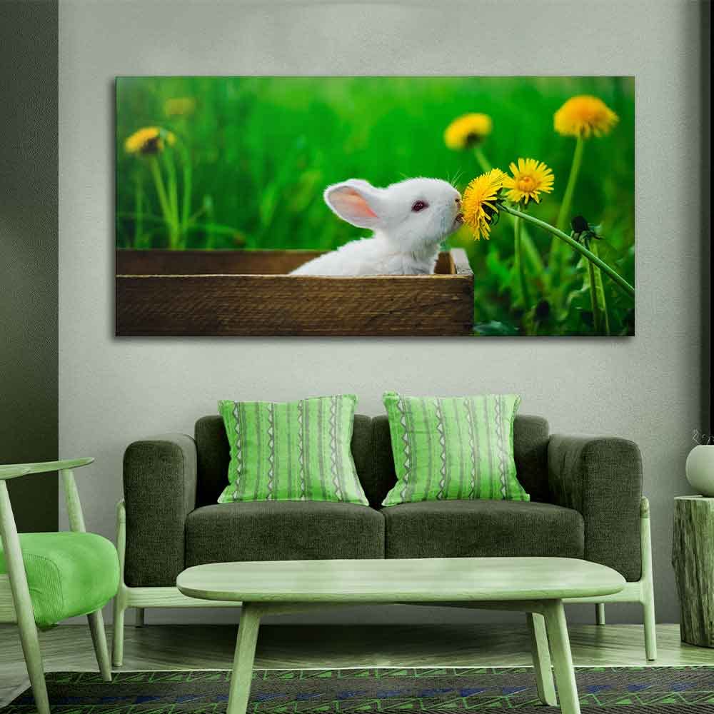 VIBECRAFTS Canvas Paintings for Living Room Drawing Room White Bunny In Yellow Flowers Garden Canvas Wall Painting Wall Painting Fitted with Wooden Frame for Home | Office | Gift (PTVCH_2317)