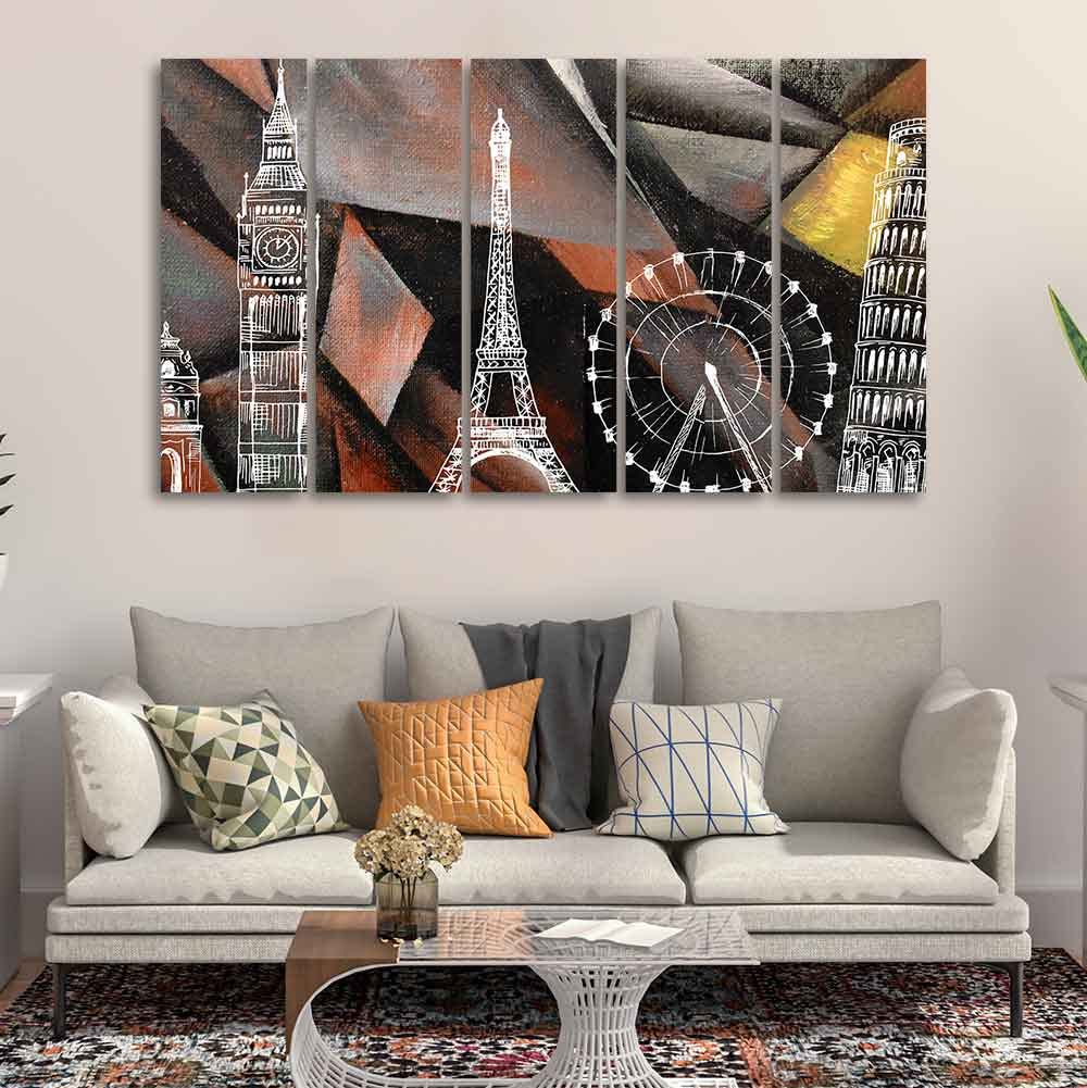 VIBECRAFTS Abstract Art Famous Architectures Five Pieces Canvas Wall Painting For Home|Office|Living Room|Gift (PTVC5Pcs4_8643)