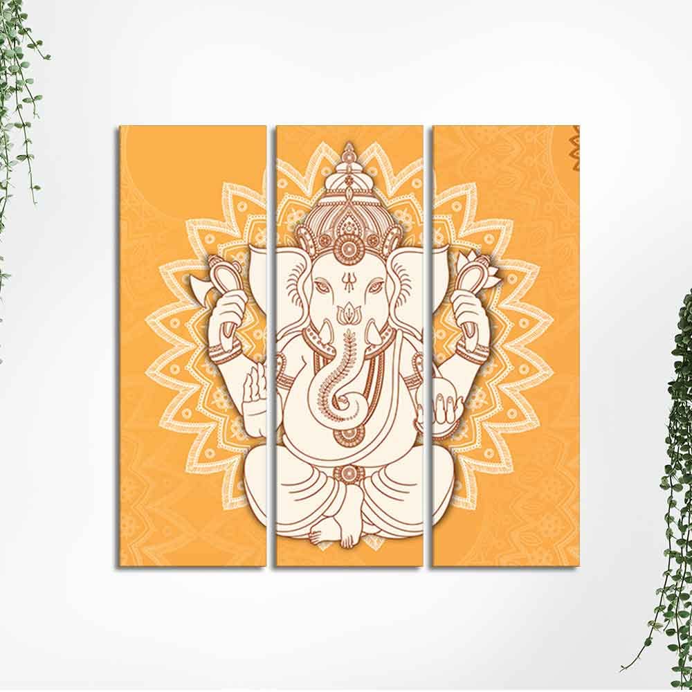 VIBECRAFTS 3 Pieces Shree Ganesh Ji Canvas Wall Painting Fitted With Wooden Frame For Home | Office | Living Room | Gifts (PTVC3Pcs1_9579)
