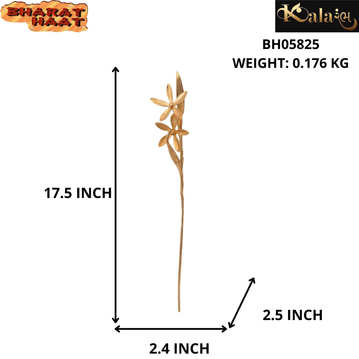 KALARAMBH Brass Leafy Metal Branch with Flower for Home Living Room Table Decor Showpiece Gift Items Collectible Handicraft Art, Yellow, 2.4 x 2.5 x 17.5 Inch (L x W x H)