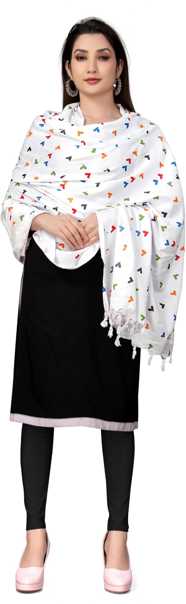 Sclout Female Cotton Breathable Sun Protection Scarf Dupatta Usable For Vehicle Driver | White Printed Design Stoles | Universal Size | For Girl & Women | Light Weight (Stole - Heart)