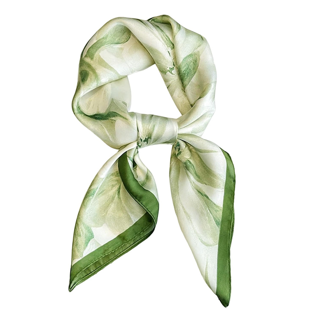 Luxeeva® Green Floral Silk Head Scarf for Women Stylish, 27.5 Lightweight Hijab Scarf for Summer Sun Protection & Satin Scarf, Soft Multipurpose Bandana for Hair Wrap Bag Accessory or Sleep Hair Tie