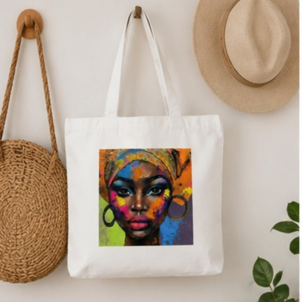 Adorvue Abstract Portrait African Art Printed Tote Bag Stylish Eco-Friendly Cotton Handbags, Canvas Bags for College, Shopping, Office, Travel, Grocery Runs, Beach Day and Casual Outings Pack of 1