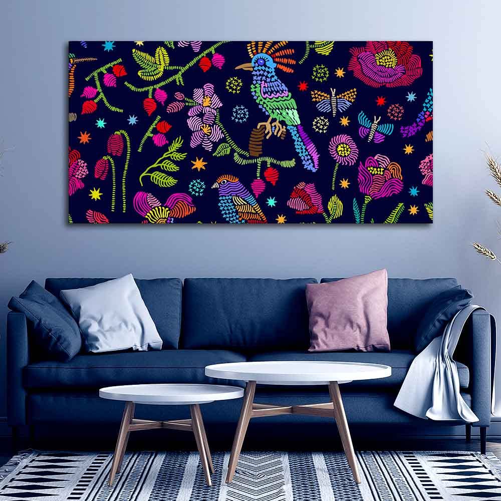 VIBECRAFTS Canvas Paintings for Living Room Drawing Room Canvas Folk Art Painting of Birds, Flowers & Butterfly for Home|Office|Gift(PTVCH_2389)