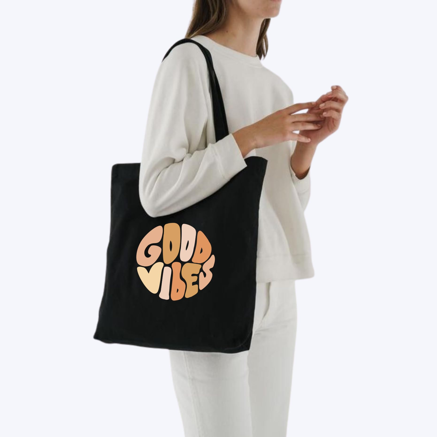Peach Blossom Tote Bags With Zip, 100% Cotton Shopping/Grocery Bag, Multi-Purpose Canvas Bag 5kgs Capacity, Single Pack (Cbag_ZIP_WhiteLoveurself_BlackGoodvibe)