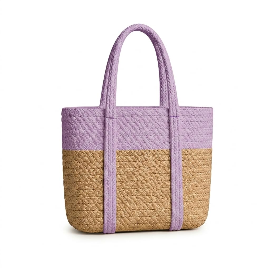 Loom & Luster Handwoven Jute Tote Bag Dual Tone Summer Shoulder Bag | Lightweight Eco-Friendly Handbag for girls and woman (Beige & Purple)
