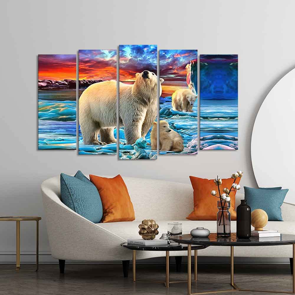 VIBECRAFTS Polar Bears Wall Painting of Five Pieces For Home|Office|Living Room|Gift (PTVC5Pcs2_6626)