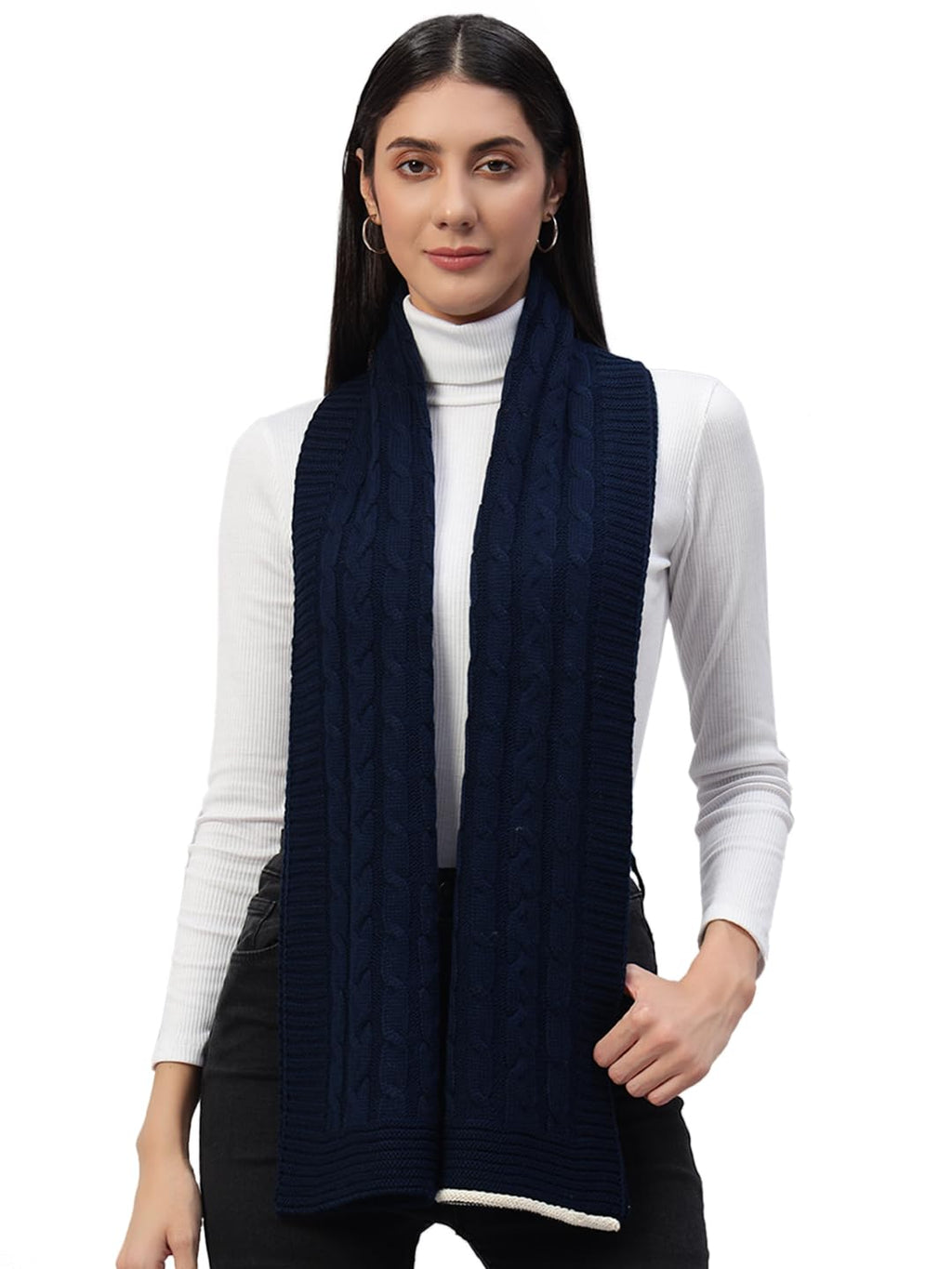 Ravaiyaa - Attitude is everything Reversible Wool Scarves Knitted Pattern Women Neck Wraps Muffler Winter Wool Scarf 65 x14 Inch (Navy Blue)
