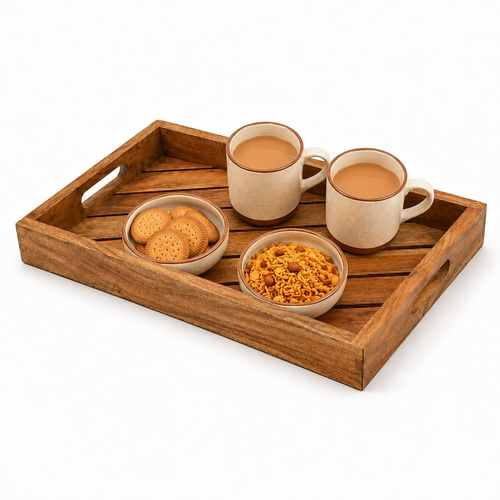 BAUZINI Mango Wood Serving Tray with Handles Rectangular Wooden Tray for Tea, Coffee, Breakfast & Snacks Decorative Serving Tray for Coffee Table, Kitchen, Dining & Home Decor - 14 x 9 x 1.5 Inch