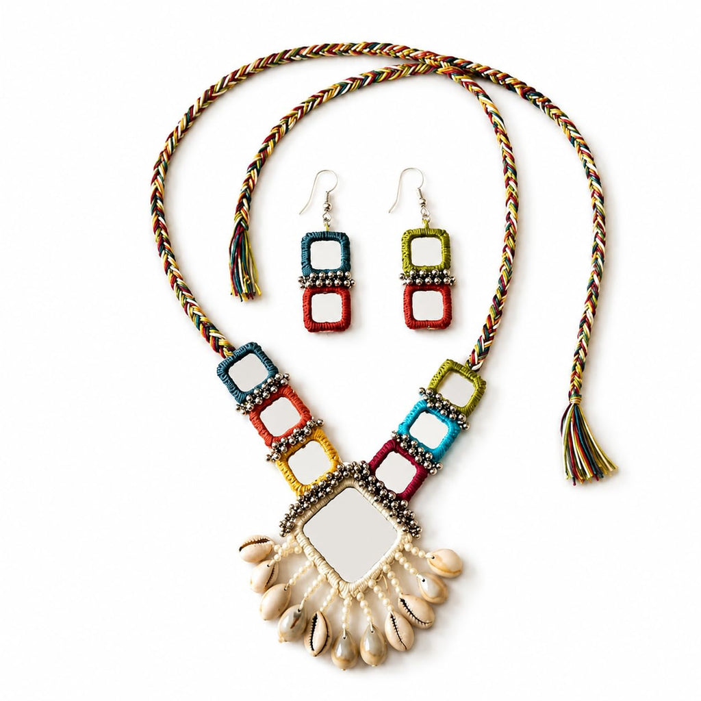 BUNDLEPRO Handmade Kutchi Embroidery Necklace Set with Earrings, Traditional Gujarati Mirror Work, Shell & Bead Embellishment, Boho Tribal Style