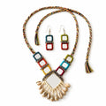 BUNDLEPRO Handmade Kutchi Embroidery Necklace Set with Earrings, Traditional Gujarati Mirror Work, Shell & Bead Embellishment, Boho Tribal Style