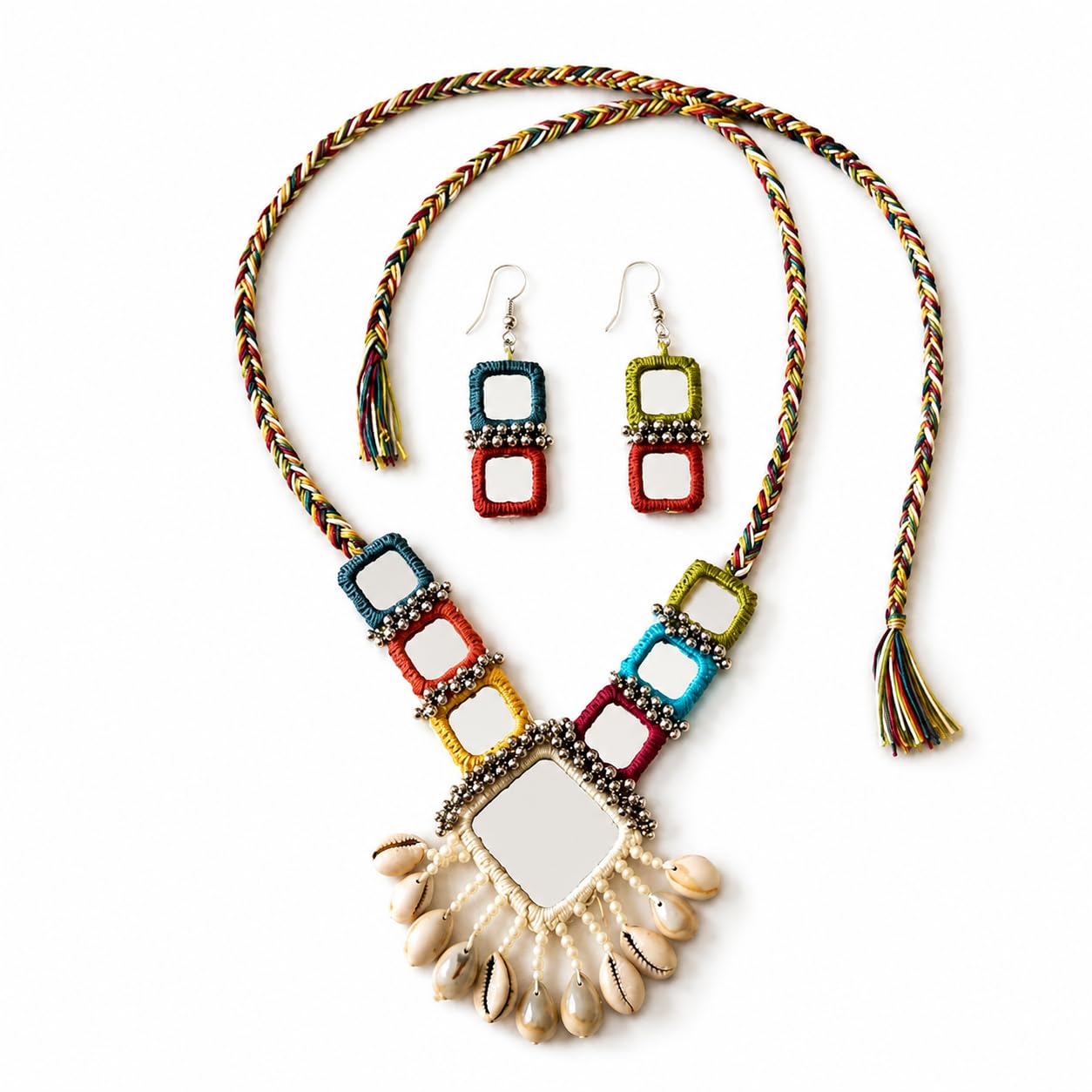 BUNDLEPRO Handmade Kutchi Embroidery Necklace Set with Earrings, Traditional Gujarati Mirror Work, Shell & Bead Embellishment, Boho Tribal Style