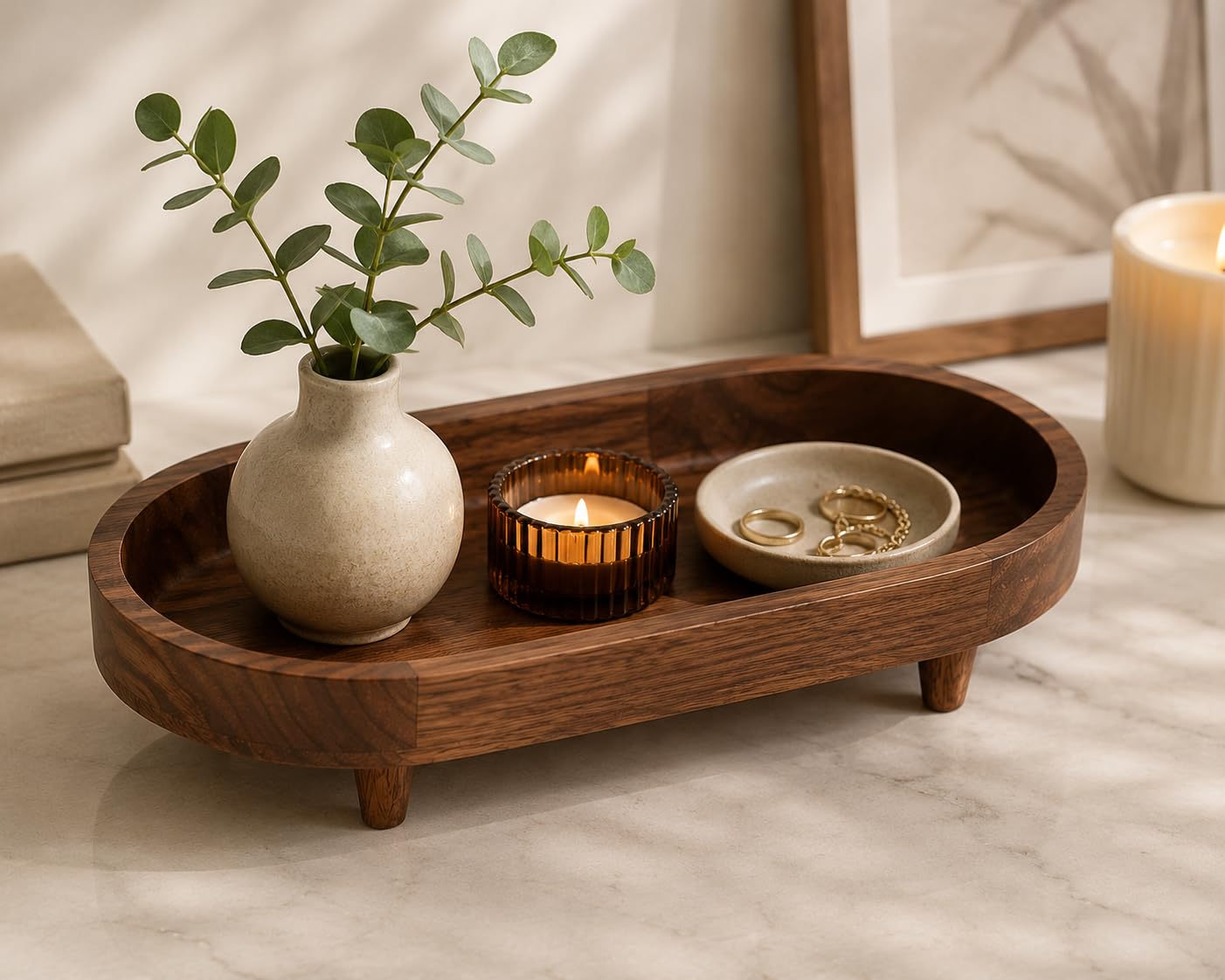 D&G Homes Wooden Serving Trays, Large Sheesham Wood Serving Tray with Legs,13 x 6 x 2 in, Stackable Platters for Serving Cakes, Pastries, Snacks, Breakfast, Coffee Table, Party, Home Décor