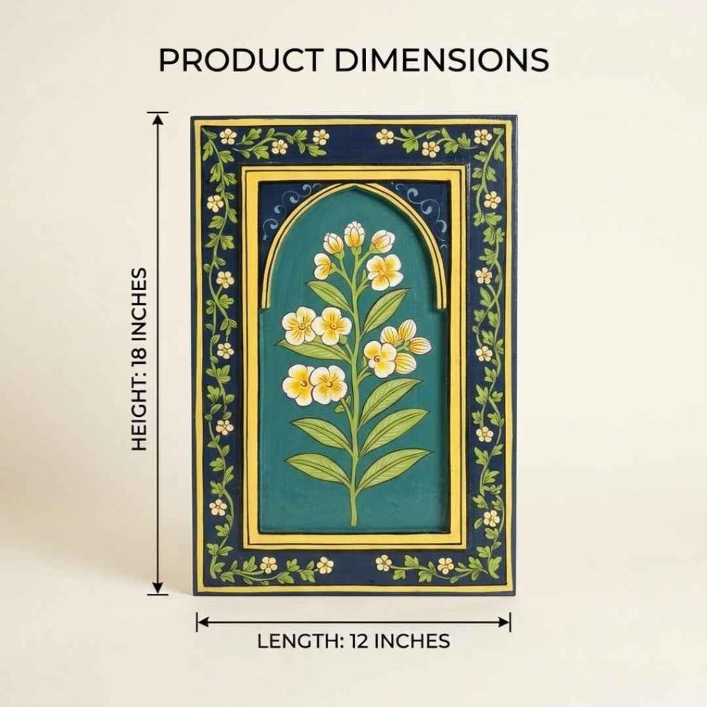 ATRANGI STUDIO Chameli Handpainted Wooden Wall Frame | Rajasthani Traditional Craft | Decorative Floral Wall Hanging Art for Living room, Bedroom, Office | 12×18 Inch, Indigo